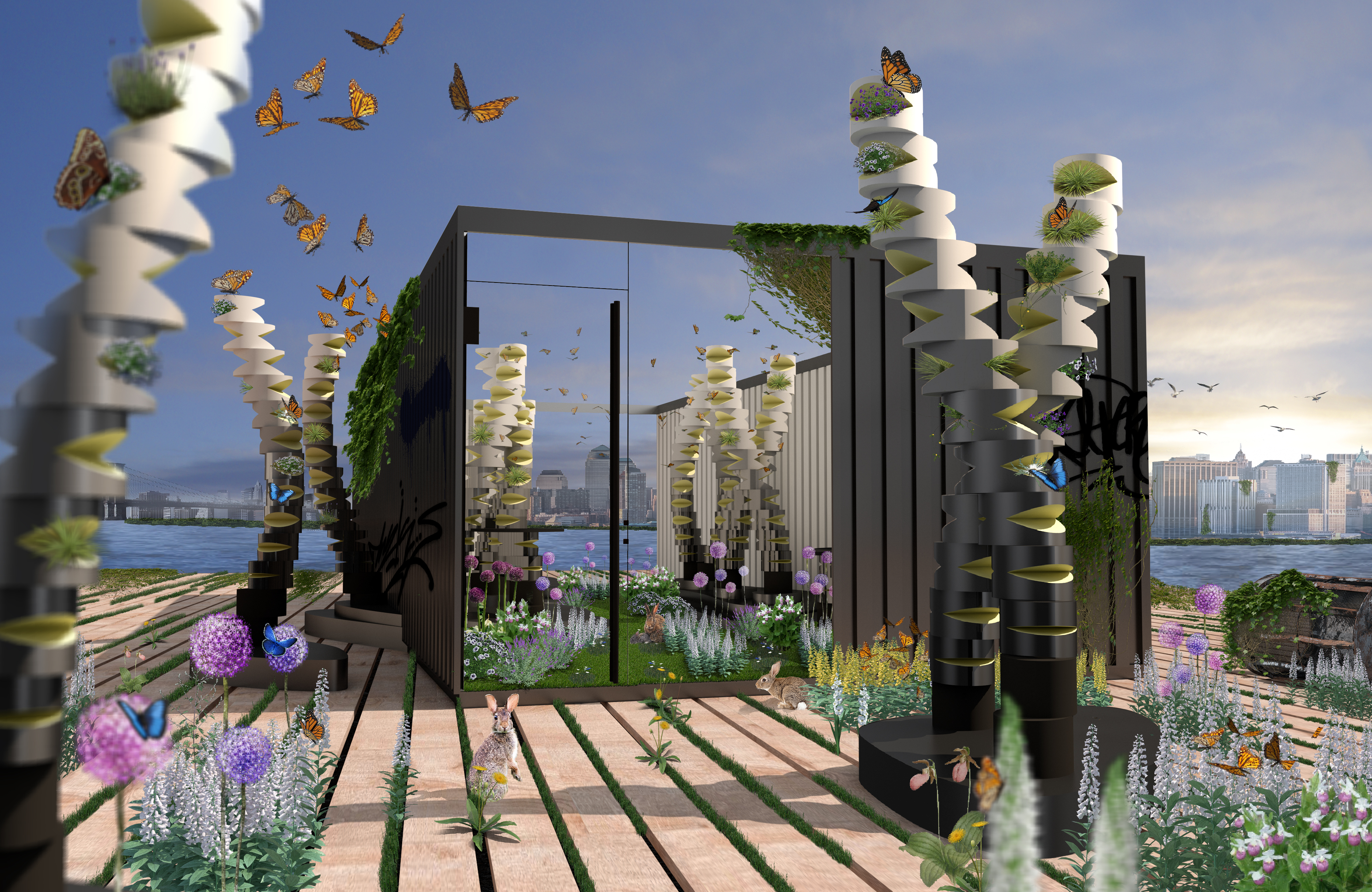 An rendering of an architectural popup on a pier near the river populated by wildlife.