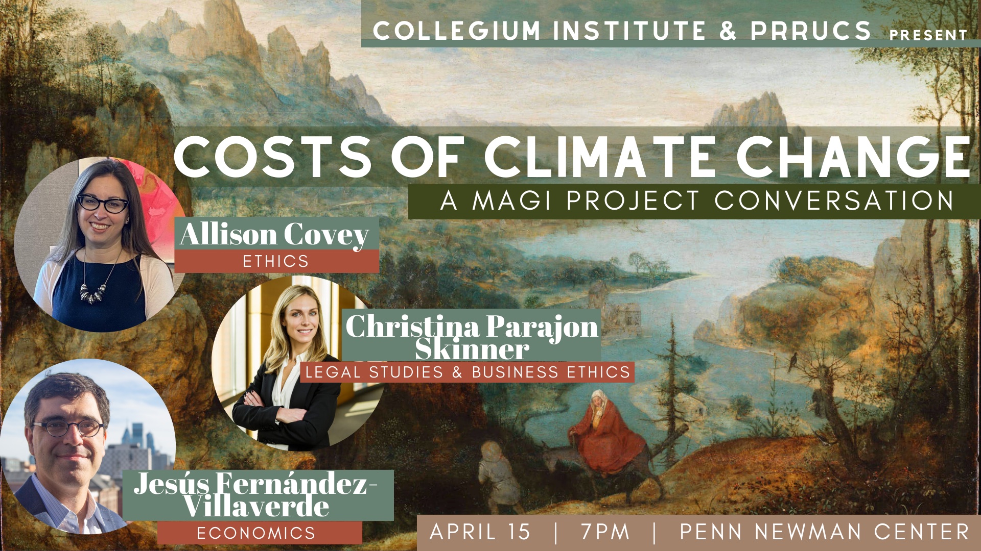 Text: "Cost of Climate Change." With headshots of featured speakers.