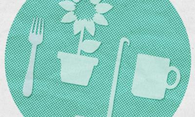 A circle with ecotopian toolkit icons relating to food; a fork, ladle, mug, and a flower.