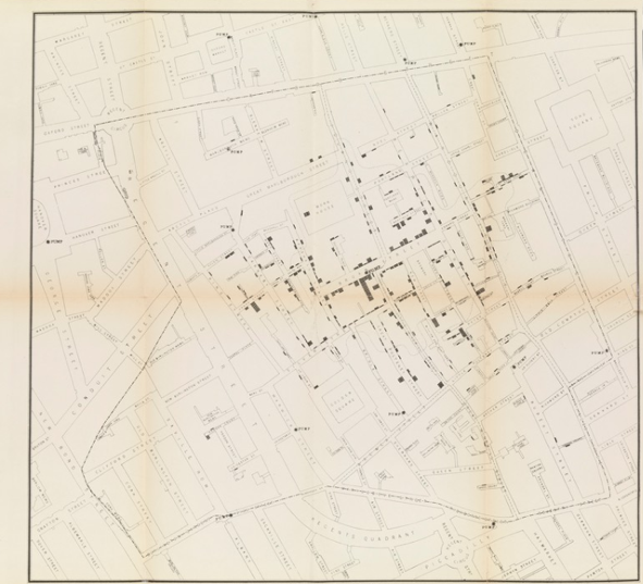 John Snow’s map of cholera deaths in an 1854 London outbreak/Wellcome Collection