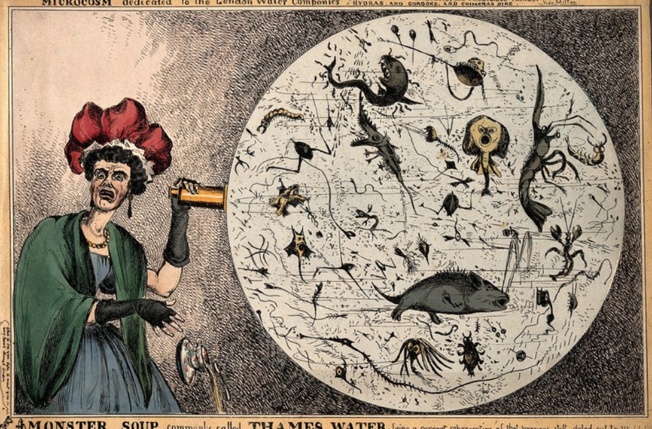 An 1828 cartoon, "Monster soup commonly called Thames Water, being a correct representation of that precious stuff doled out to us!!!"/Wellcome Collection