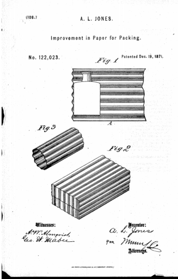 Albert Jones’ 1871 patent drawing for corrugated paper packing