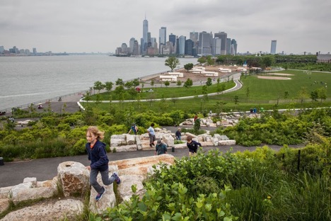View of Manhattan from “The Hills,” a new park developed on Governors Island’s southern acreage. 