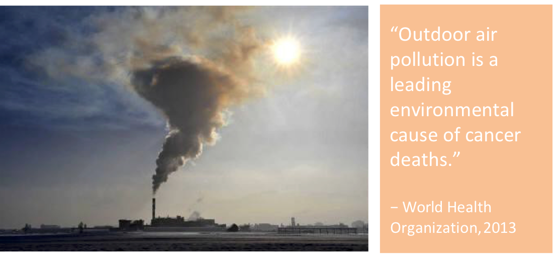 Image of smoke stack emitting pollution under a blazing sun. Image next to the quote, "Outdoor air pollution is a leading environmental cause of cancer deaths." - World Health Organization, 2013