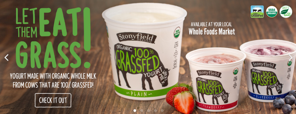 Advertisement from Stonyfield Organic yogurt, 100% grassfed. From the Stonyfield website, accessed 2016.
