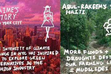 three selected climate stories in blue, pink, and green, and the climate week at penn logo