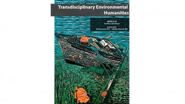 colorful print with blue water, fishing boat and orange fish, with title and course information.