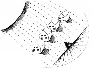 This is a drawing from artist Kristen Neville Taylor, depicting a sun, row of homes, and energy lines